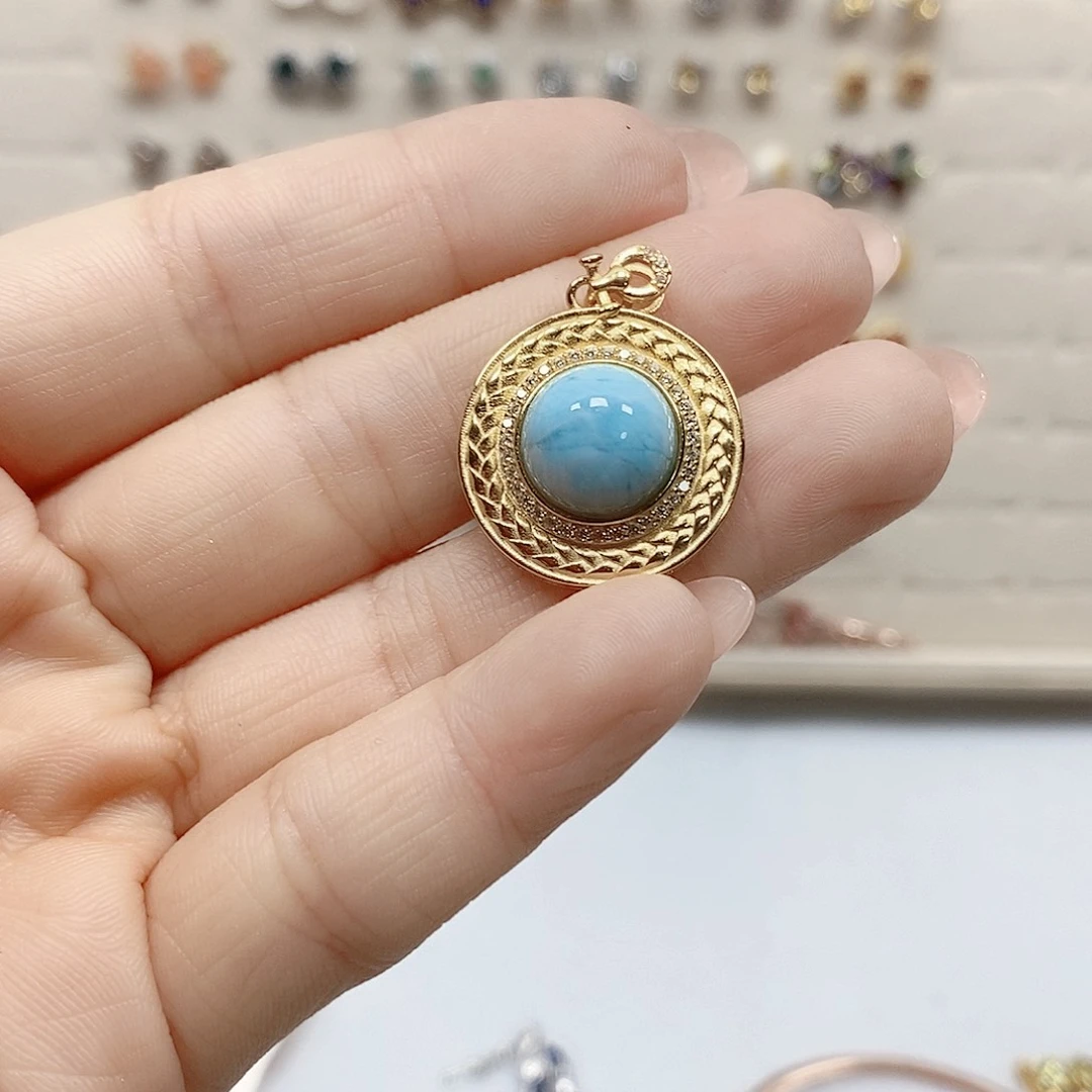 针钠钙石（海纹石）颈饰银S925镀金镶嵌