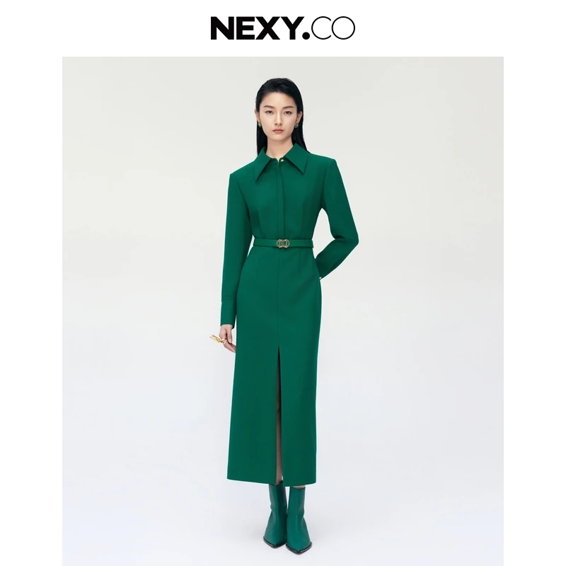 NEXY.CO/奈蔻气质长袖轻奢绿色收腰连衣裙XF05567J5