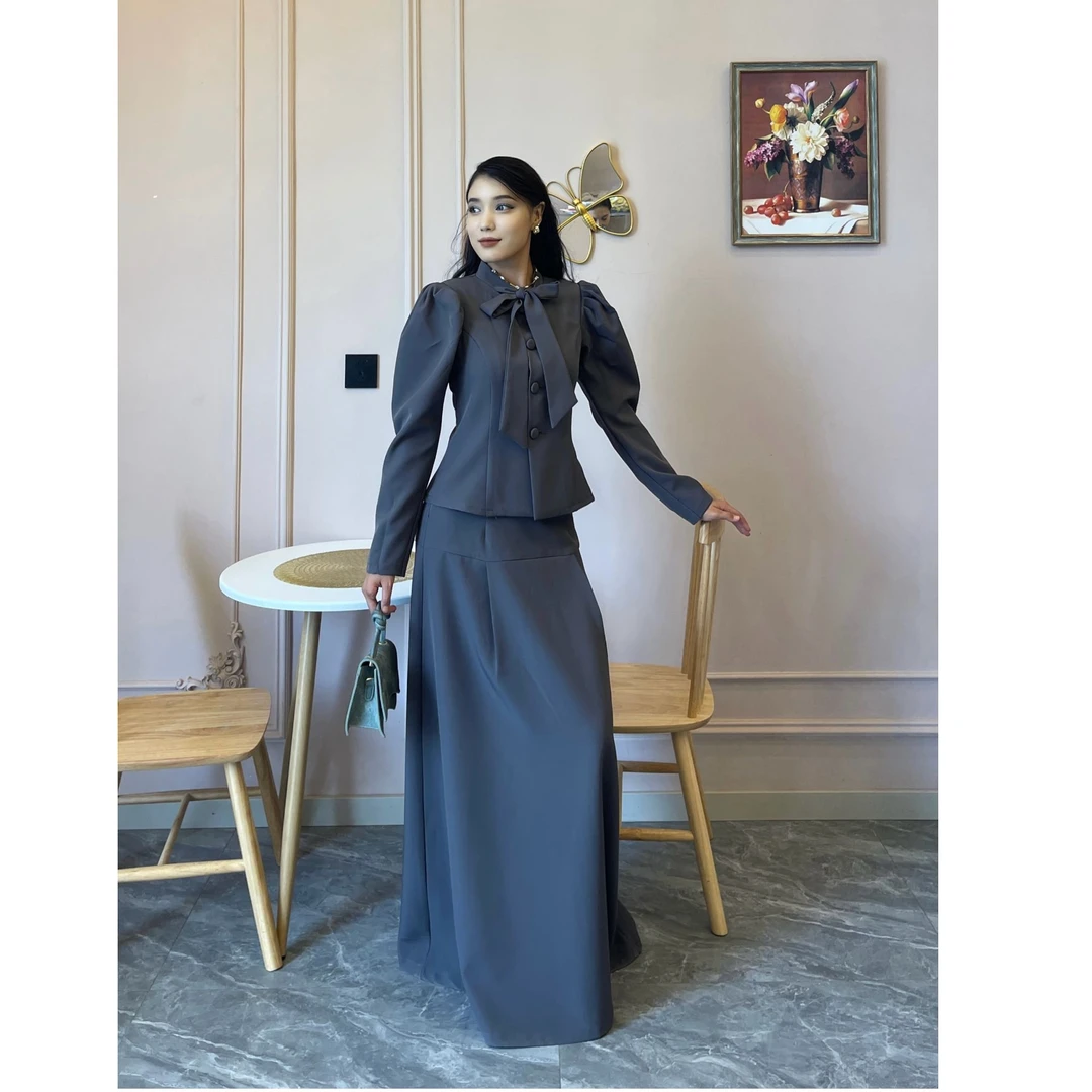 灰色时尚套装早秋冬收腰春季时尚法式气质长袖拼接复古