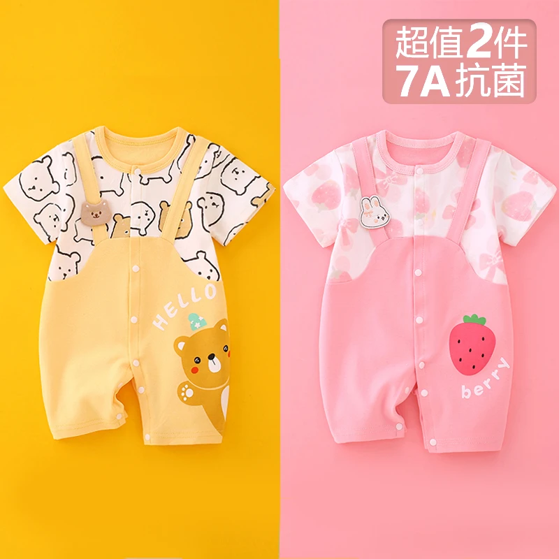 新生儿夏季薄款连体衣卡通风小兔小熊纯棉宝宝衣服空调服外出服