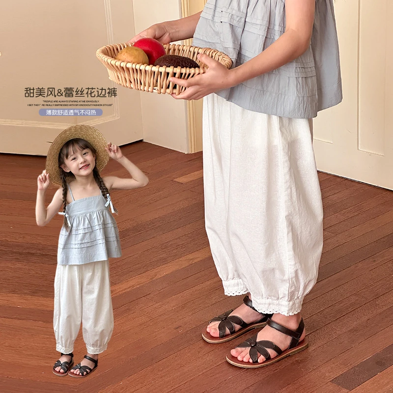 女童宝宝棉质裤子夏儿童舒适精梳棉蕾丝边收口水洗休闲裤