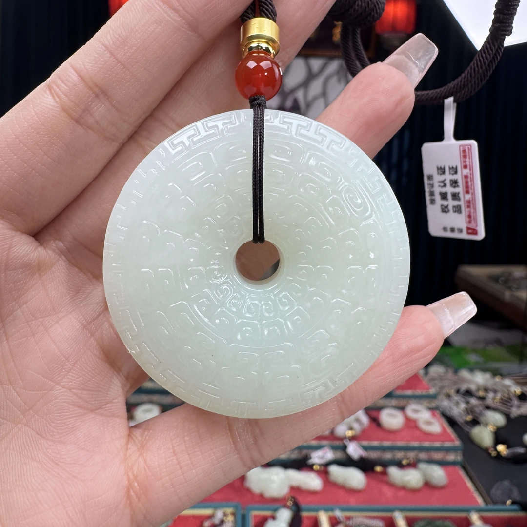 和田玉挂件白玉加厚版吉祥如意仿古扣平安扣毛衣链（49×11）