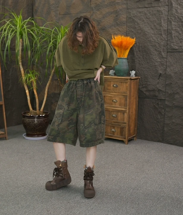 夏季新款迷彩松紧腰七分裤女宽松牛仔高腰显瘦休闲哈伦裤