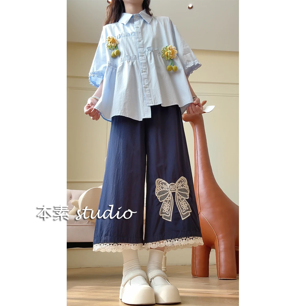 蝴蝶结蕾丝裤MNY2430-1刺绣蝴蝶结蕾丝边松紧腰系带宽松阔腿裤