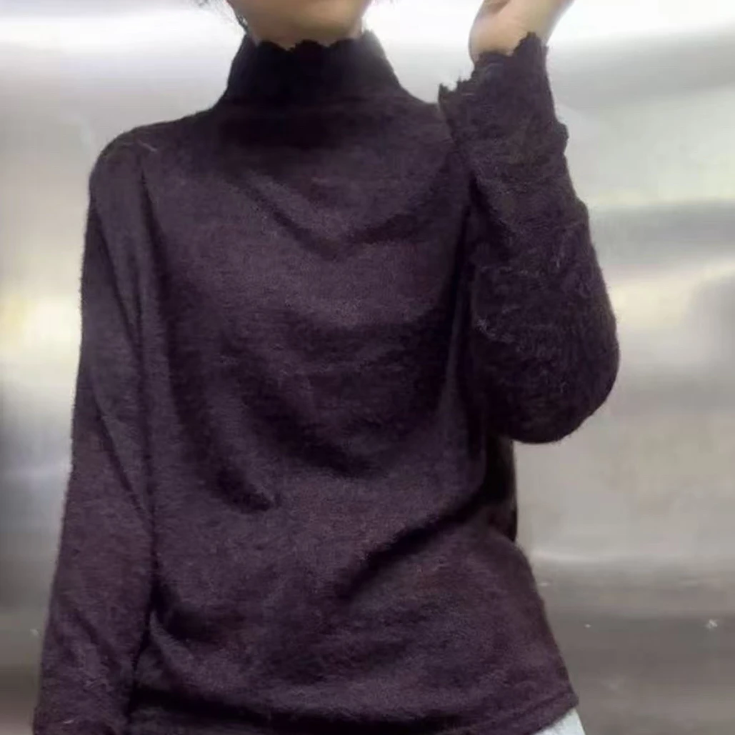 冬季新款时尚百搭堆堆领镂空提花长袖针织打底衫蕾丝打底时尚百搭