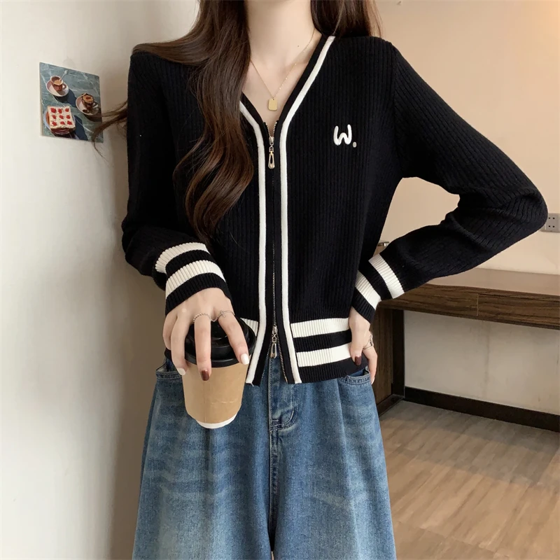 小香风短款双拉链v领针织开衫毛衣女早秋新款小个子显瘦气质上衣