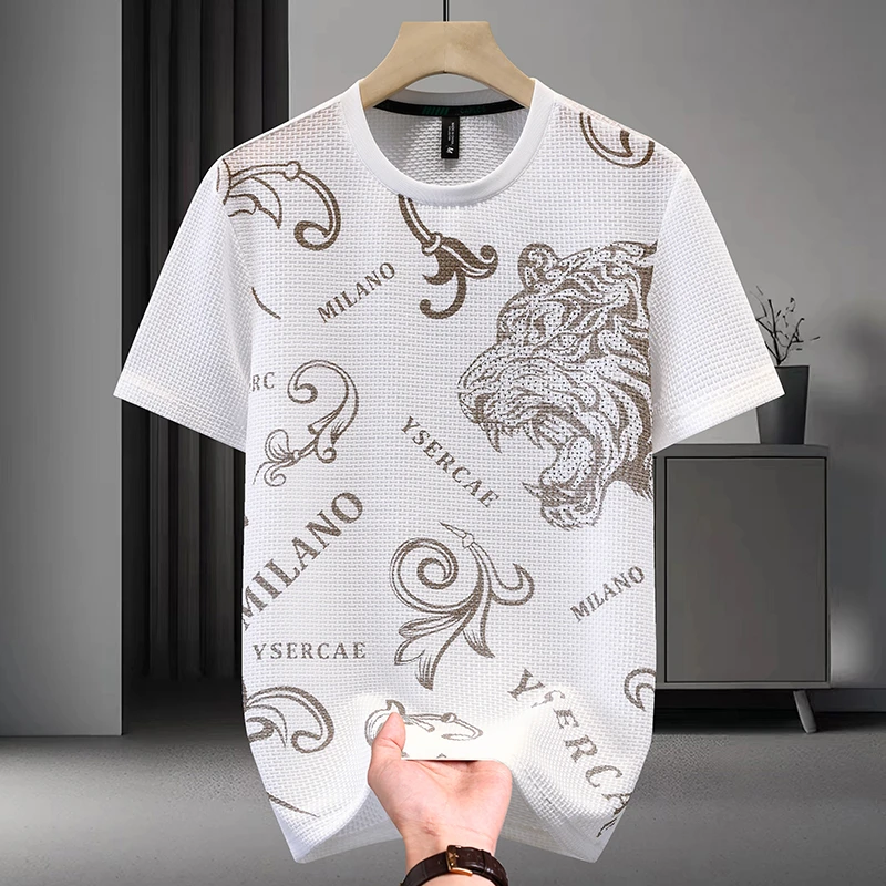 2025新款冰丝速干短袖T恤夏季男士时尚印花潮流休闲冰丝短袖男