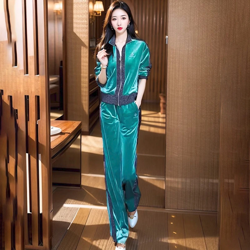 高级感金丝绒休闲运动套装女春季显瘦撞色拉链卫衣阔腿裤两件套装