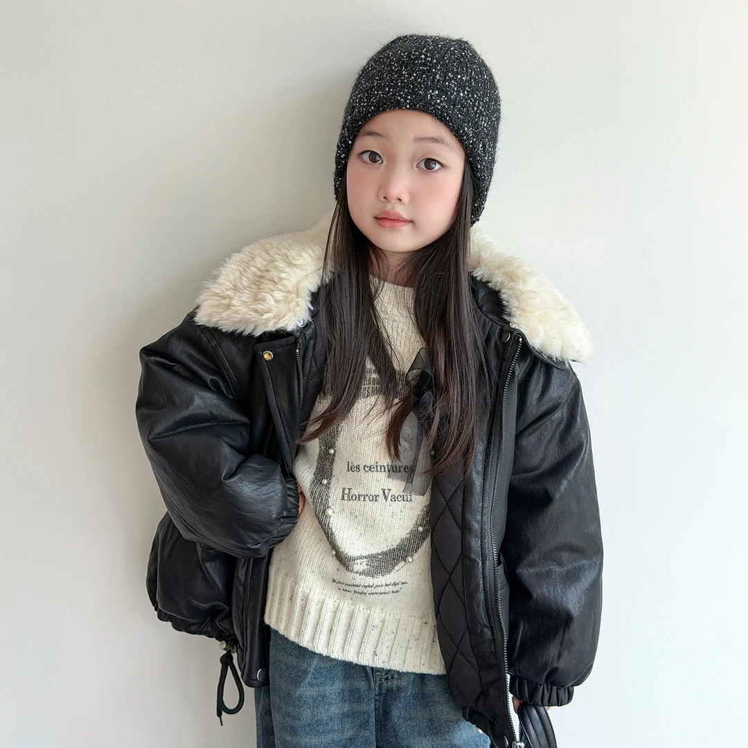 翻领女童外套2025新款女孩冬装韩版保暖皮衣棉服儿童加厚针织毛衣