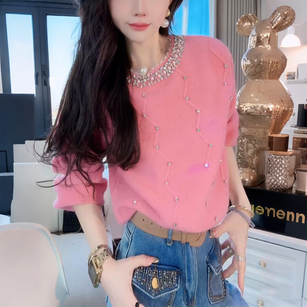 设计感镶钻花边领打底针织衫女士秋冬季新款高级时尚好看漂亮上衣