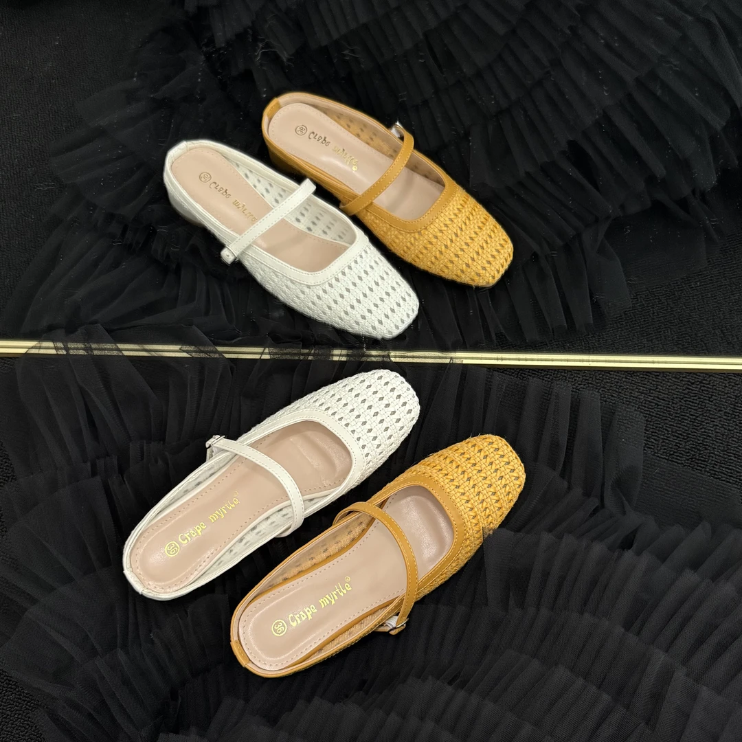 4cm跟高~夏季复古编织镂空方头一字带粗跟凉拖穆勒半拖鞋女外穿