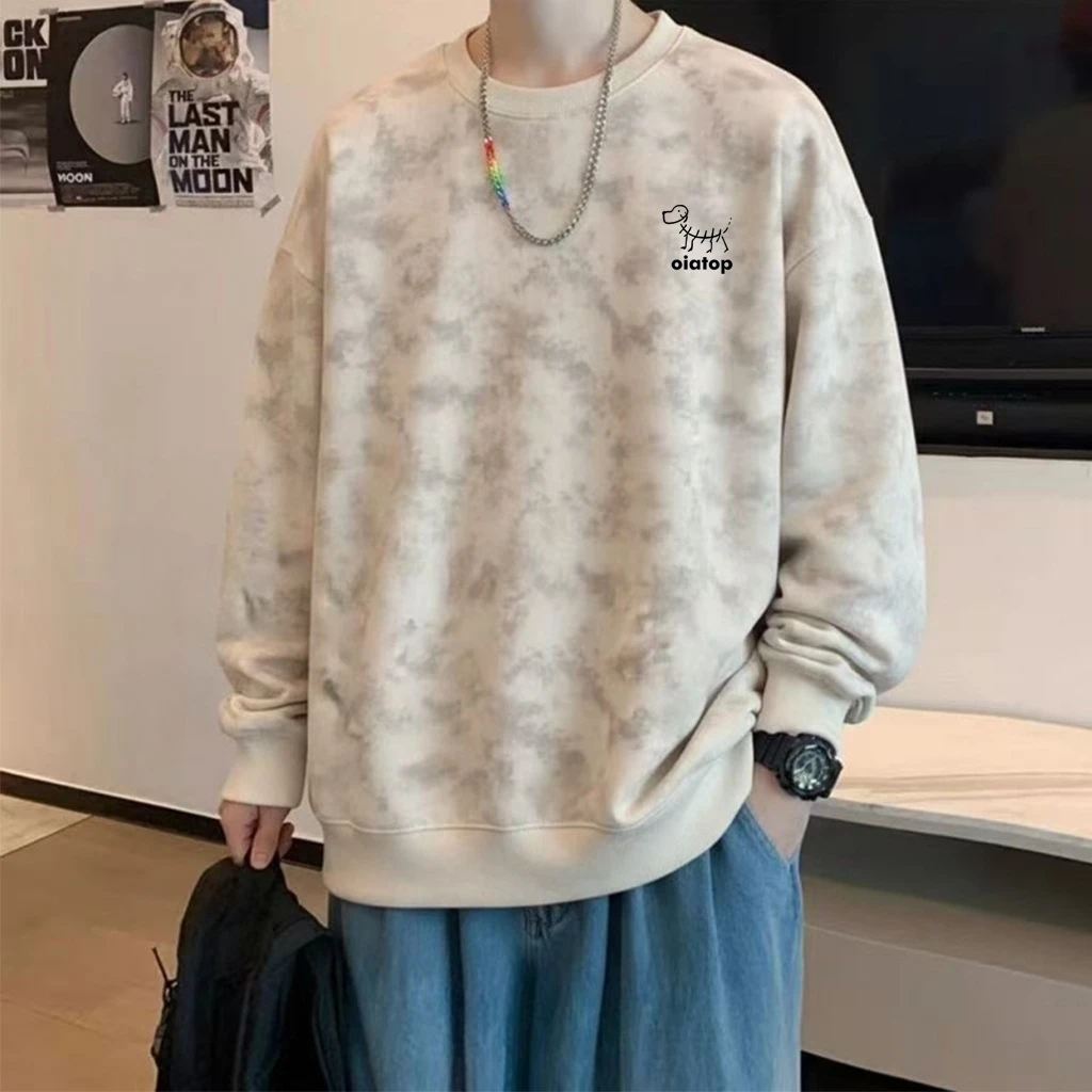 青少年美式扎染圆领卫衣男士秋冬季潮流宽松休闲百搭上衣男打底衫