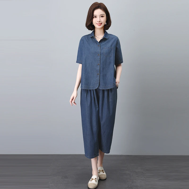 薄款牛仔套装女夏2025新款中年妈妈宽松时尚遮肚子显瘦减龄两件套