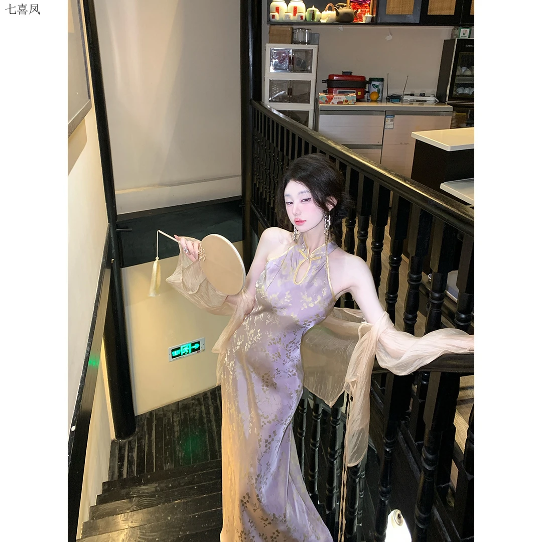 旗开得胜雅乔紫鸢夏季新中式改良连衣裙紫色性感无袖长款旗袍裙