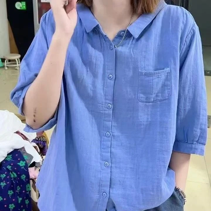 极简风纯色半袖纽扣休闲女式衬衫文艺风短袖显瘦宽松上衣女