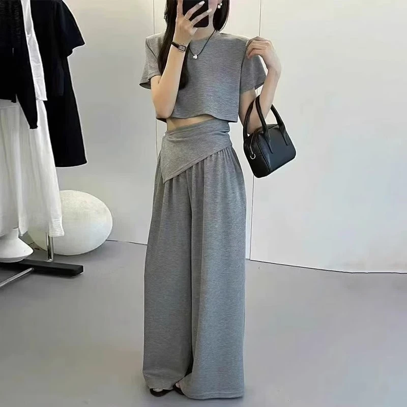2823#时尚不规则阔腿裤套装女韩系夏季洋气减龄显瘦短款T恤两件套
