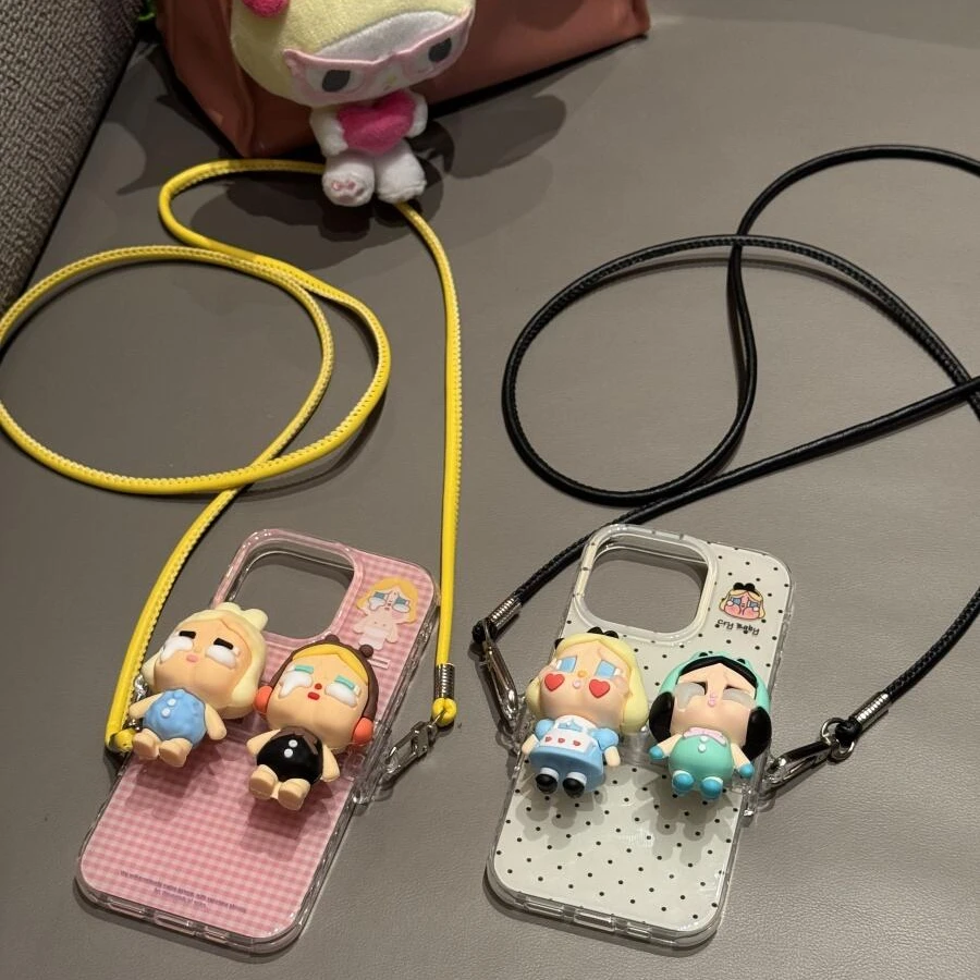 ins波点格纹哭娃背夹挂绳适用苹果16promax手机壳15保护套1413