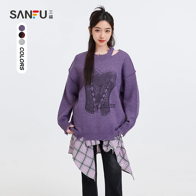 三福毛衣2025春季领口破边设计宽松时尚上衣女装495853