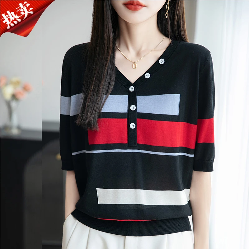 2025新款撞色条纹针织衫短袖百搭气质T恤上衣夏季薄款