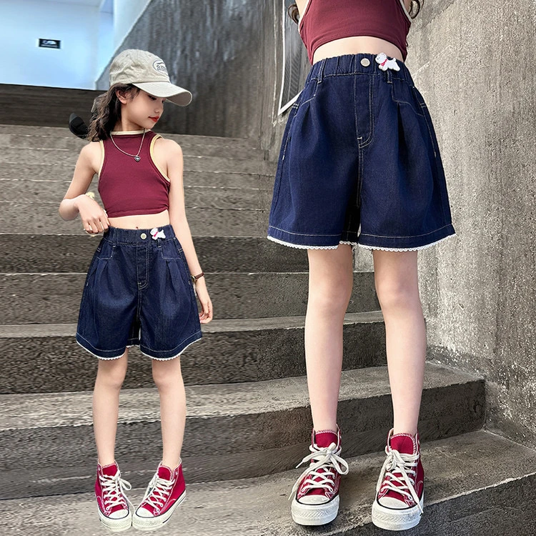 呼噜鱼原创夏季薄款女童牛仔短裤净色牛仔脚口花边洋气时尚百搭