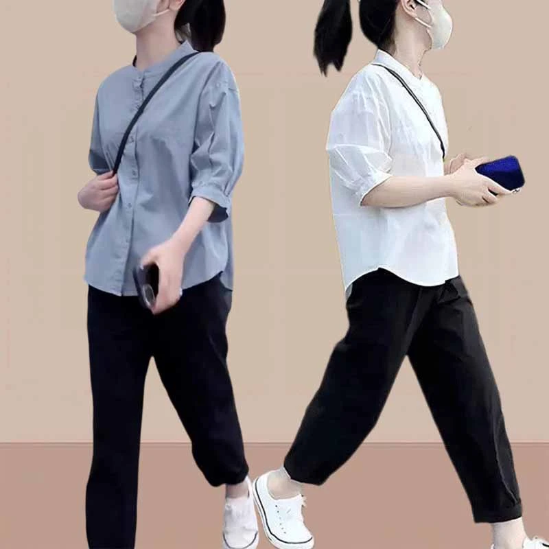 2025新款夏装小个子衬衫休闲裤套装女显瘦洋气短袖衬衣搭配一整套