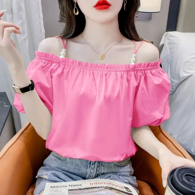短袖衬衫女2025新款夏季爆款气质露肩泡泡袖高级感一字雪纺上衣女