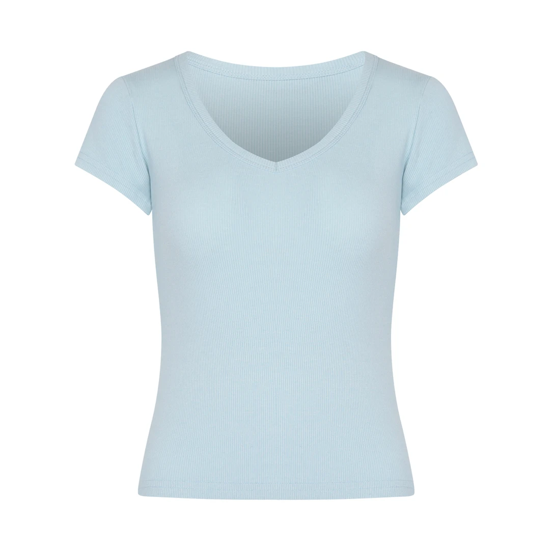 自制纯色正肩s腰显瘦V领短袖T恤女修身百搭上衣2025新款