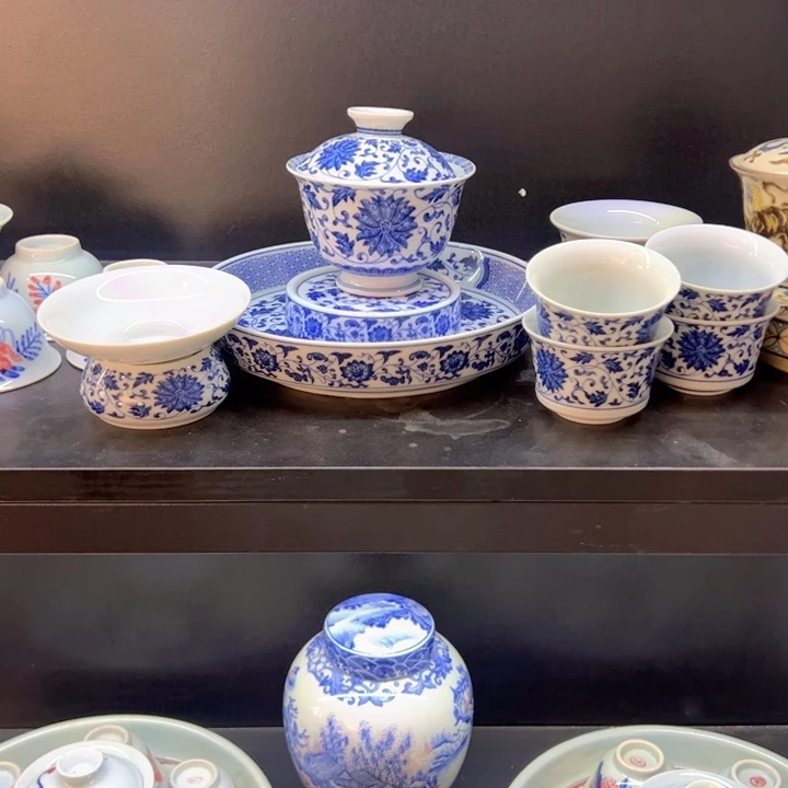 瓷片白青花缠枝莲八件套套装