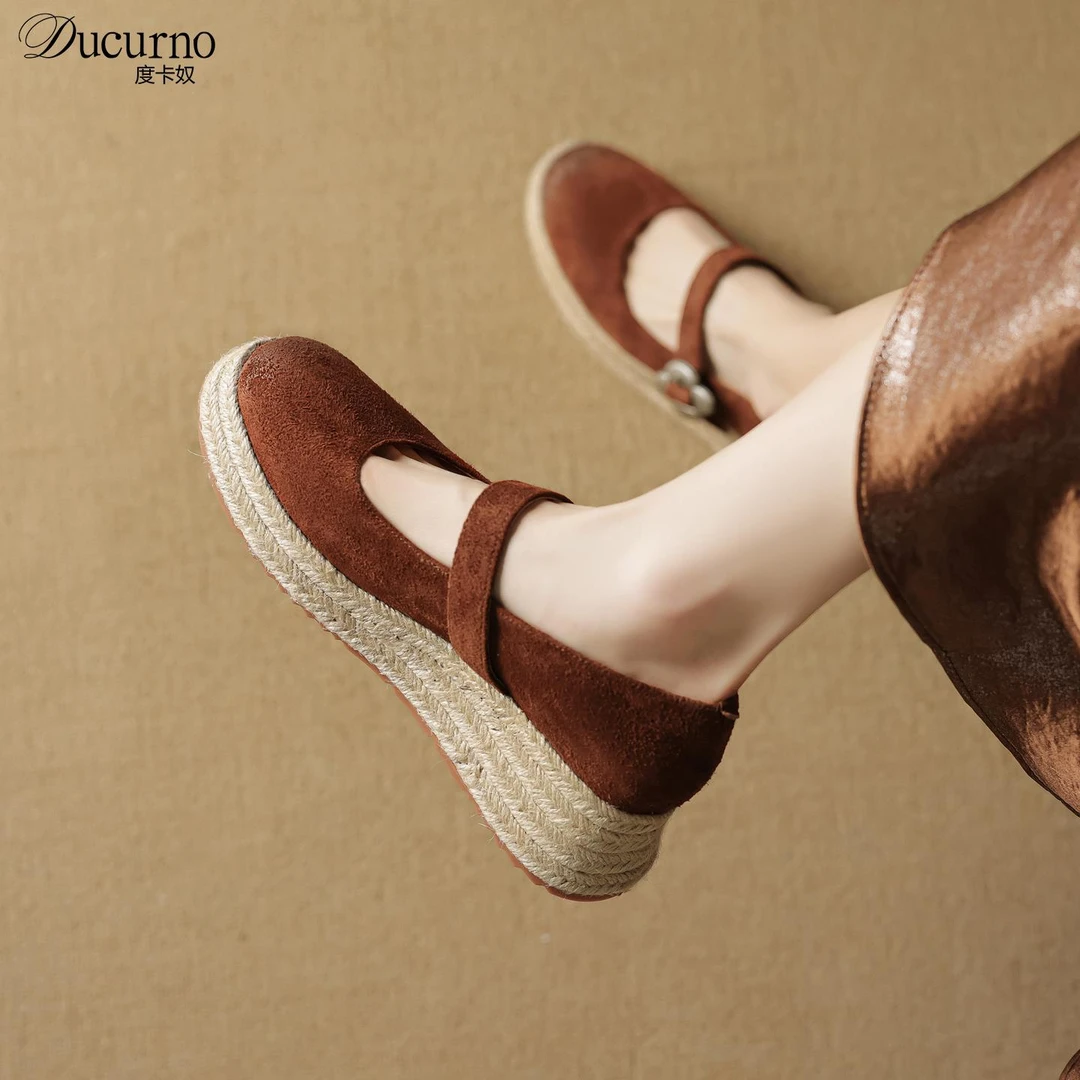 DUCURNO一字带浅口真皮单鞋女小个子厚底草编渔夫鞋坡跟玛丽珍鞋