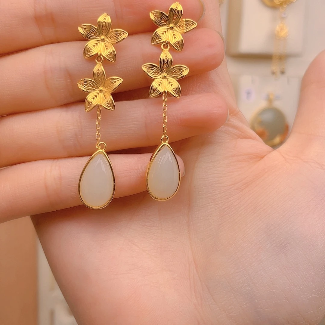 和田玉耳饰银S925镀金镶嵌