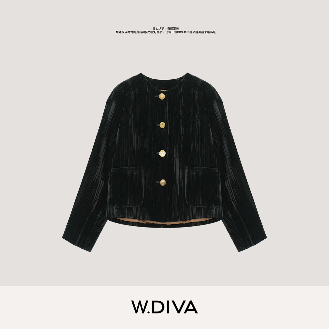 W.Diva【杨柳褶】进口醋酸+铜氨丝小香风高级长袖绒毛外套3C1913636