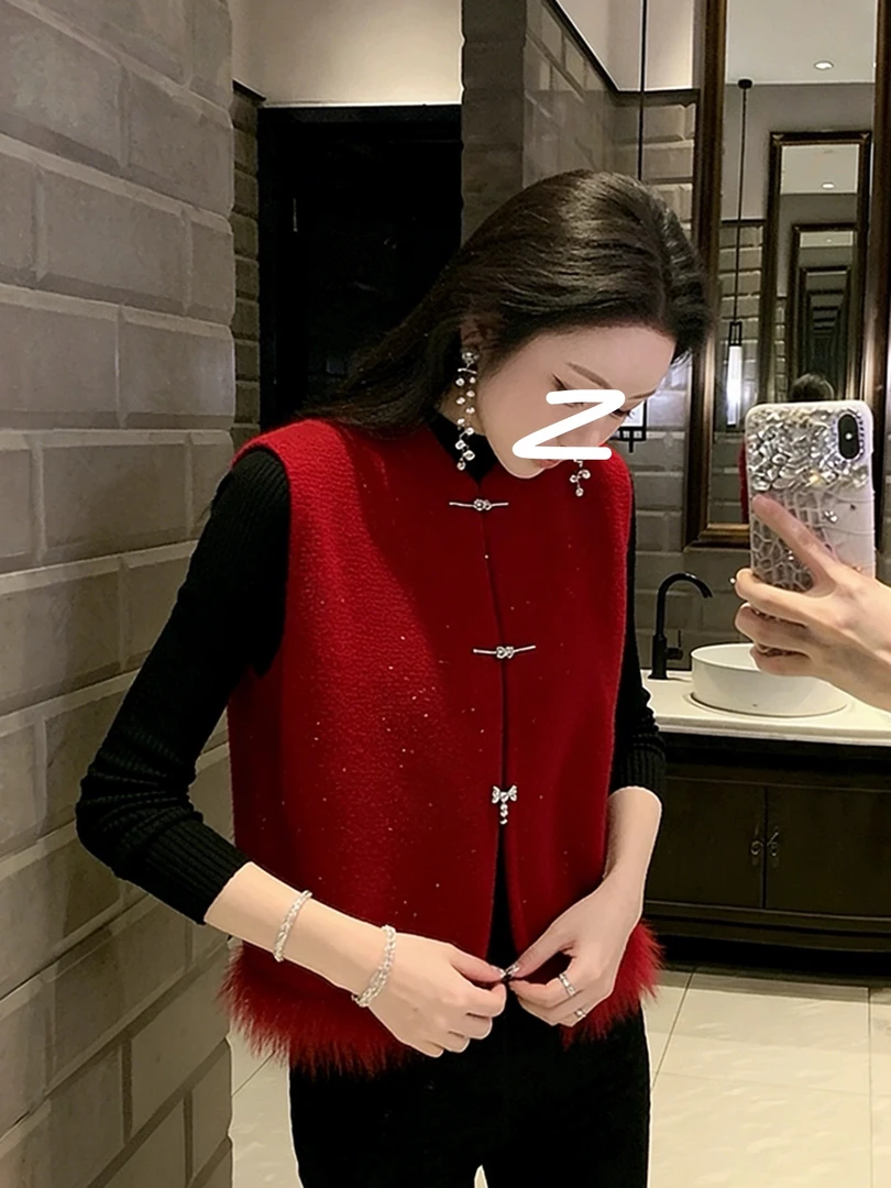 那简家1227 新中式下摆拼毛毛厚实针织马甲