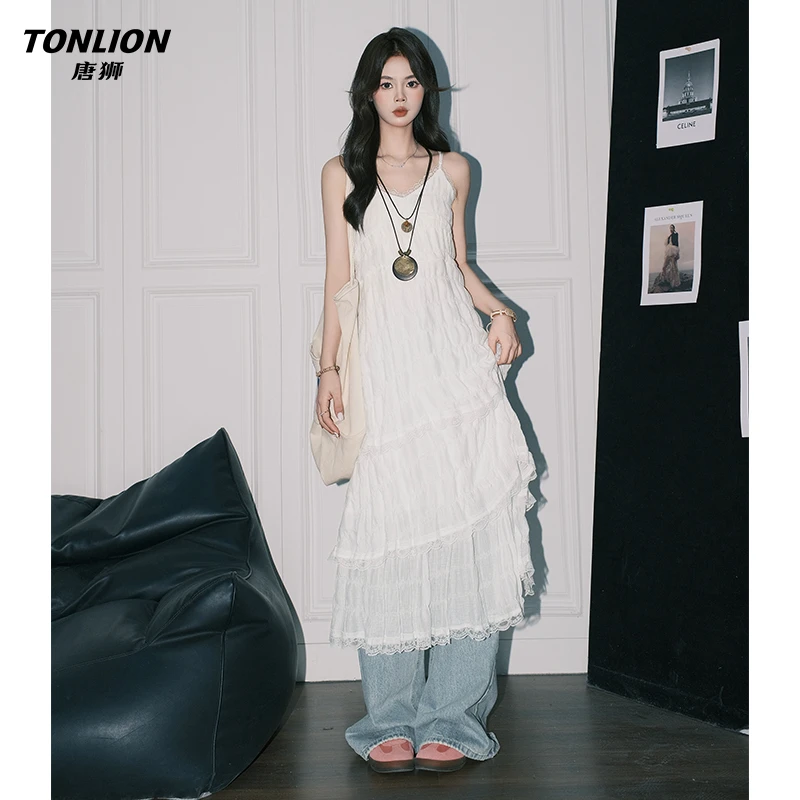 唐狮白色蕾丝气质吊带连衣裙女A字叠穿沙滩裙ins度假风蛋糕长裙