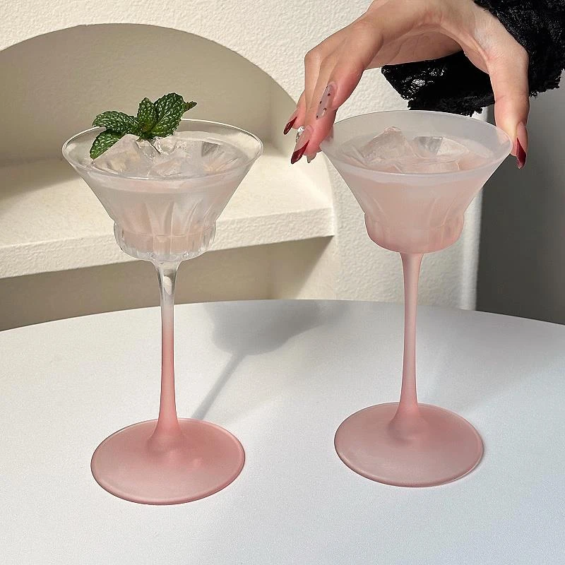 日式木村高脚杯高颜值磨砂粉水晶玻璃杯香槟杯甜酒杯创意鸡尾酒杯