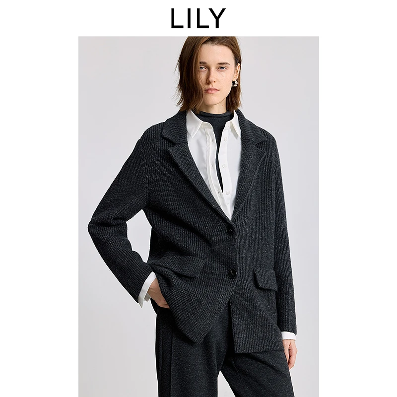 LILY2025冬新款女装羊毛混纺宽松西装式针织开衫外套125429TC313