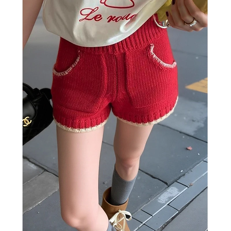 ACUN品牌 韩系甜美拼色高腰针织裤短裤红色显瘦休闲裤子毛裤女