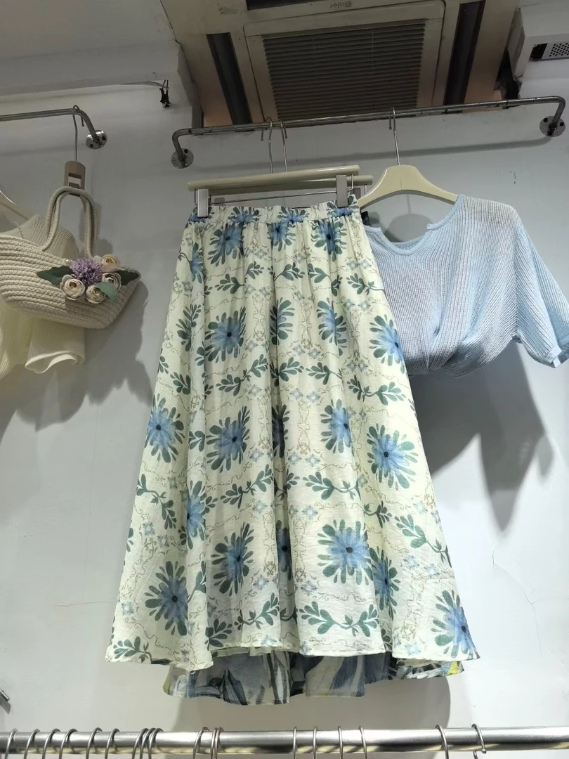 蓝色花朵松紧腰半裙