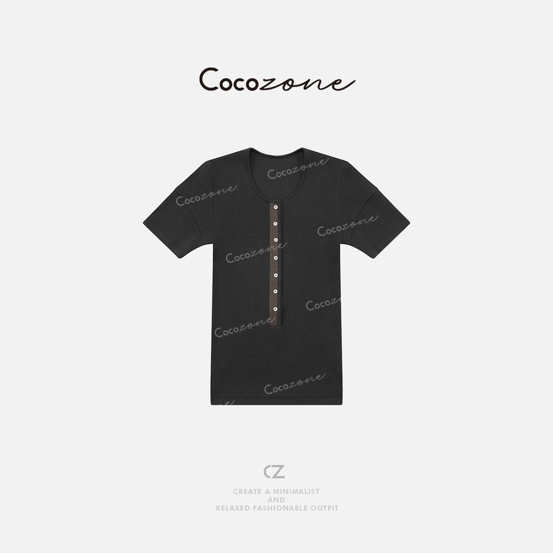 COCO ZONE 刘一一 通勤风U领撞色单排扣简约短袖T恤 CD2A1256