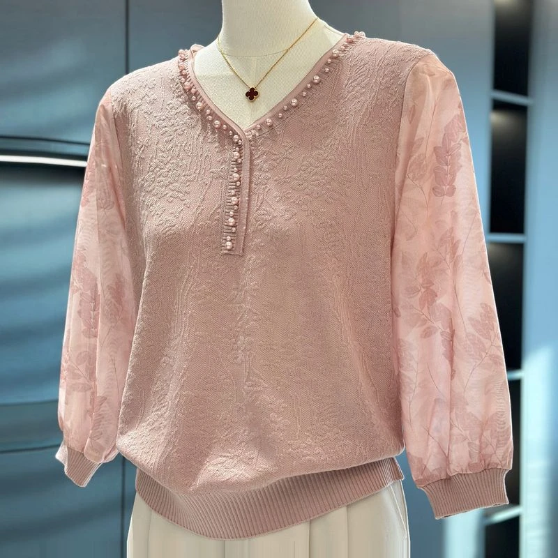 2025新款时尚妈妈春装翻领纱袖针织衫中老年女装七分袖薄款T恤衫