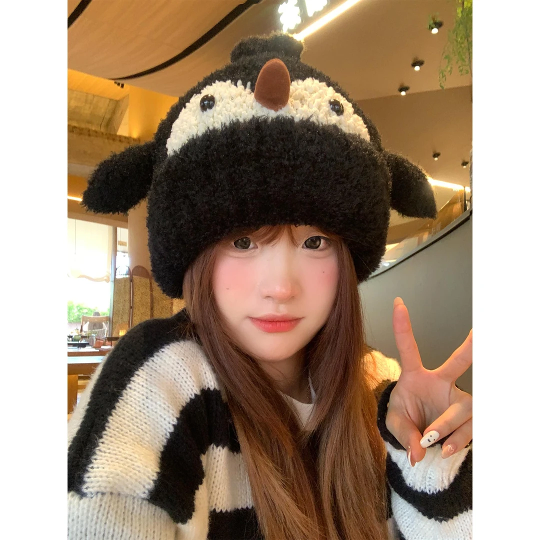 日系可爱小企鹅毛绒帽女秋冬加厚保暖护耳百搭显脸小针织套头帽子