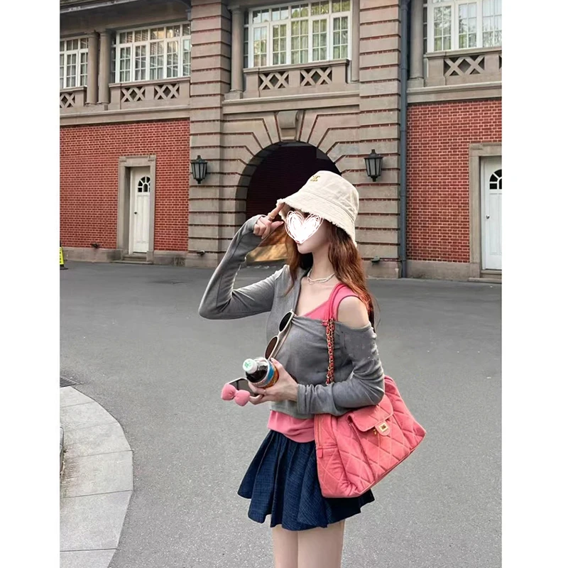 FRVXO星莓岛屿~拼色假两件长袖针织T恤格子高腰A字牛仔半裙套装