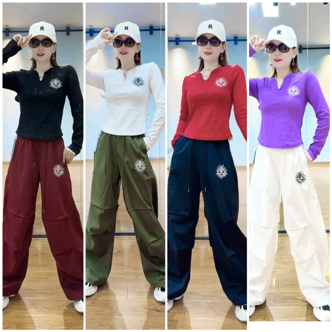 CX509-裤子-春夏天丝水洗棉男女同款刺绣宽松版伞兵裤 运动长裤