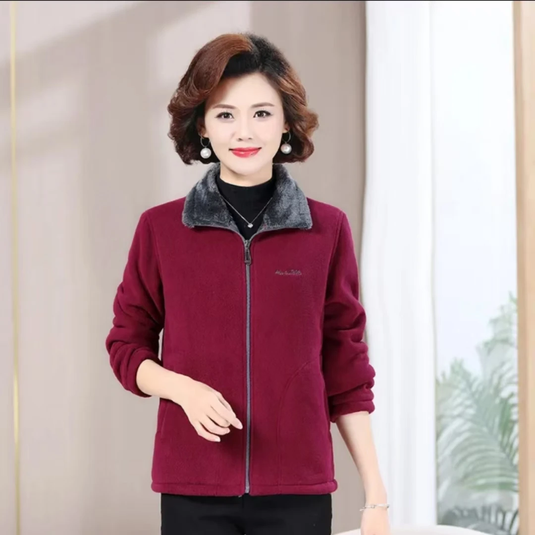 【摇粒绒外套】2025秋冬季加绒厚款中老年女装妈妈装立领保暖外套