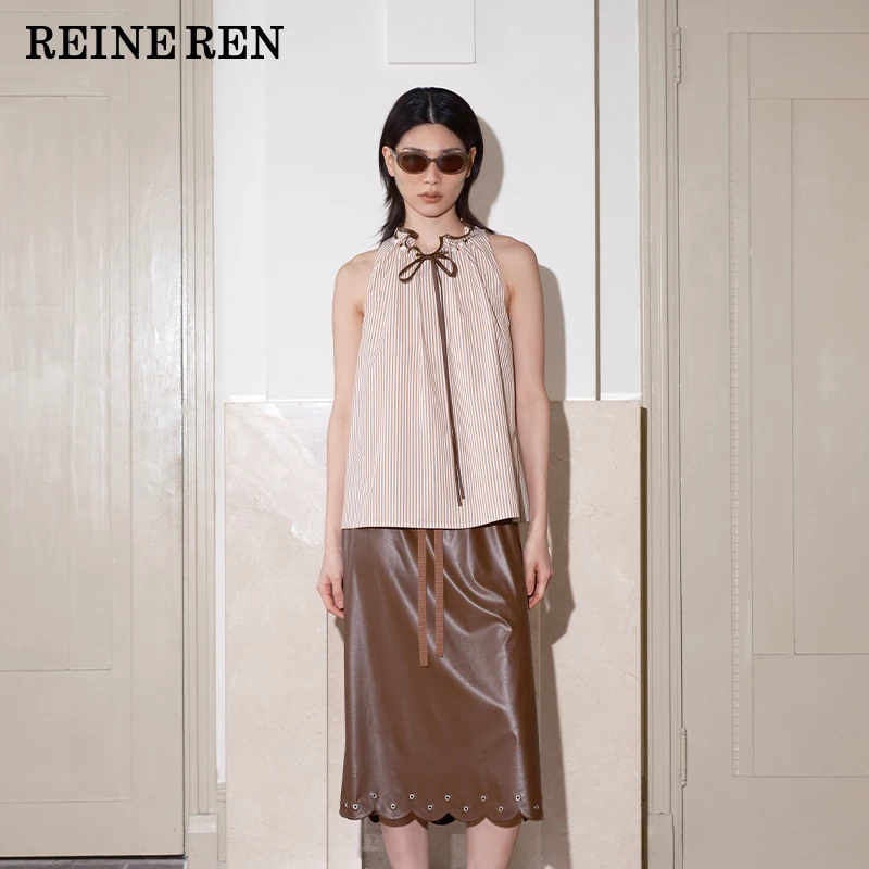 【新品】REINEREN设计师任茜2025夏季条纹花苞领珍珠装饰无袖上衣