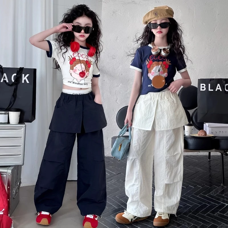 趣味小女孩印花短袖套装2025夏季款酷飒女童设计感工装裙裤两件套