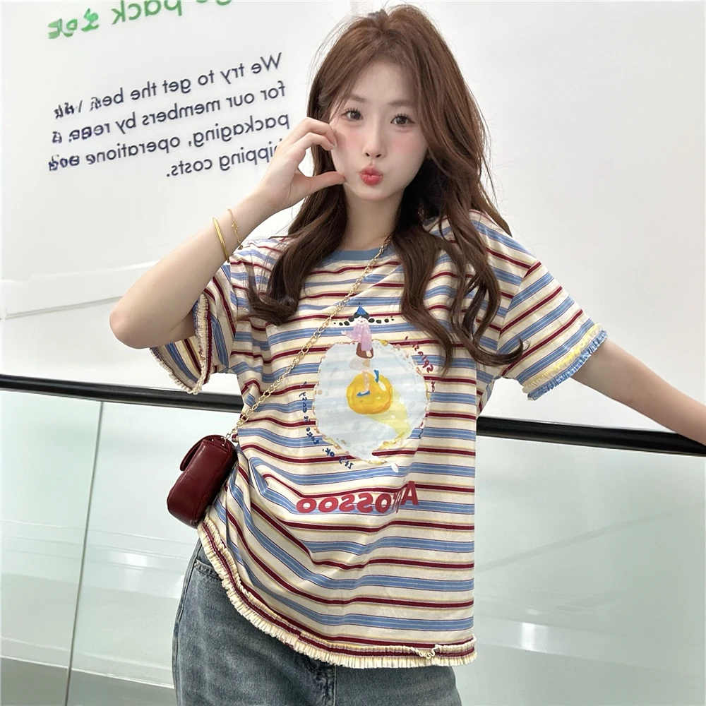 美式花边条纹短袖t恤女夏季2025新款正肩宽松小个子字母印花上衣
