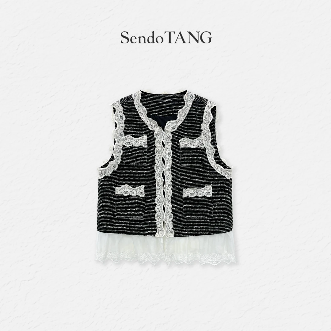 韩版蕾丝花边马甲【浪漫自由】胖多女装新款叠穿百搭开衫拼接无袖