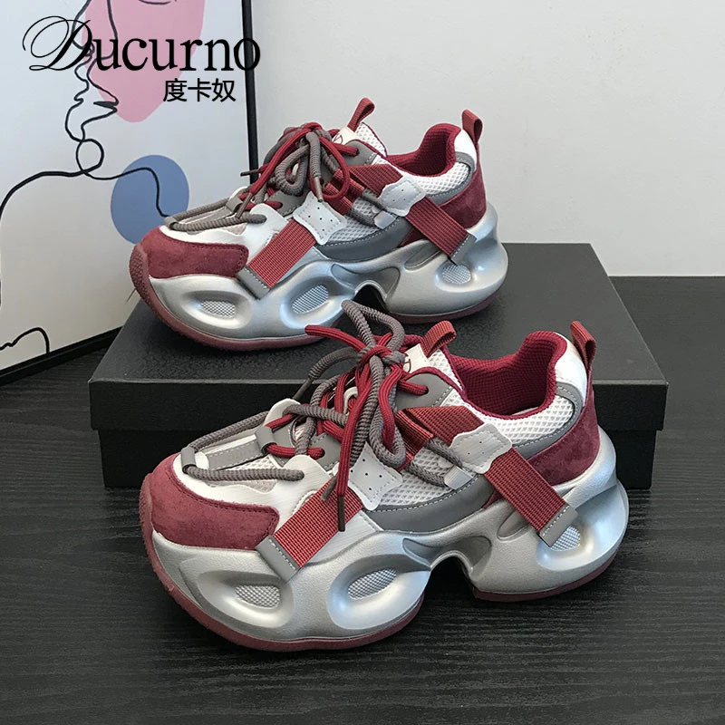 Ducurno2025秋季新款拼色运动风厚底老爹鞋女百搭休闲个性小众复