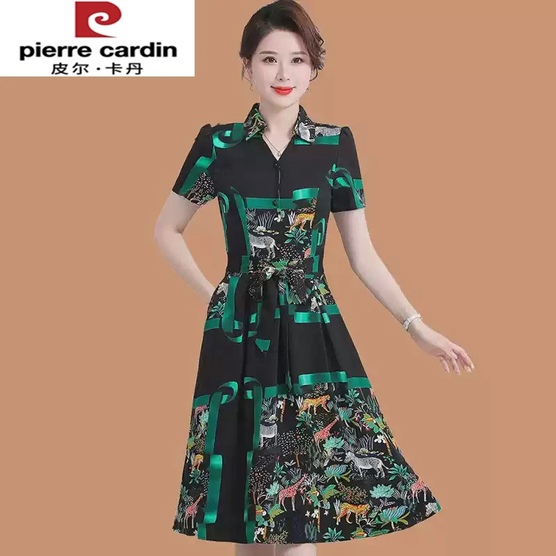皮尔卡丹妈妈夏装新中式短袖连衣裙时尚中老年女装显瘦遮肚中长款