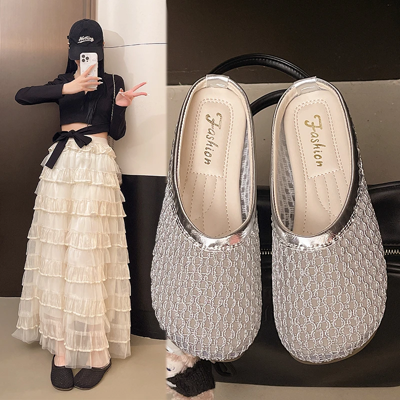 包头小香风2025夏季新款半拖水钻半托防水台编织包头拖鞋